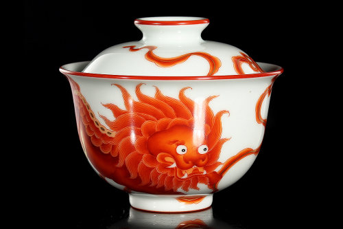 狮戏绣球盖碗(矾红.大)