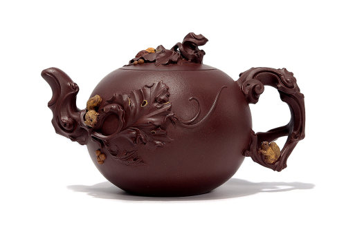 原矿天青泥.潘子龙全手工制《松鼠葡萄壶》