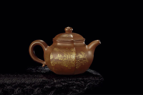 味泉制《紫泥描金山水楼阁图六方莲子壶》