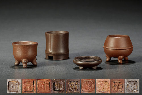 裴石民制《紫泥微型花盆四件》